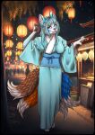 animal_humanoid anthro blue_body blue_eyes blue_fur breasts canid canid_humanoid canine canine_humanoid clothed clothing divinetofu female festival festive fox fox_humanoid fox_spirit fur hi_res holidays humanoid kemono mammal mammal_humanoid multi_tail new_year solo tail yoso_(zekeofgods)