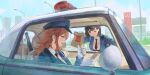  2girls absurdres bag black_necktie blue_shirt breasts brown_hair car ddal detached_collar driving female_service_cap gloves gun hat highres holding holding_bag lamppost large_breasts leaning_forward long_hair looking_at_another motor_vehicle multiple_girls necktie one_eye_closed open_window original police police_car police_hat police_uniform policewoman shirt short_hair sitting star-shaped_pupils star_(symbol) symbol-shaped_pupils thumbs_up uniform walkie-talkie wcdonald&#039;s weapon white_gloves window 