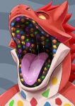 abstract_background absurd_res ambiguous_gender animate_inanimate anthro bodily_fluids bust_portrait hi_res imperatorcaesar living_plushie mouth_shot no_sclera open_mouth plushie portrait pupils purple_tongue red_body red_pupils saliva saliva_string slit_pupils solo tongue yellow_eyes