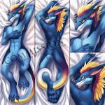 1:1 anthro bedding bedding_background blonde_mane blue_body blue_claws blue_fur blue_horn cheek_tuft claws dakimakura_design dragon facial_tuft featureless_crotch finger_claws front_view fur furred_dragon glistening glistening_eyes grin hi_res horn looking_at_viewer lying male mane multicolored_mane mythological_creature mythological_scalie mythology navel nude on_back on_front penguinexperience pupils purple_mane purple_tail rear_view scalie slit_pupils smile solo tail teryx_commodore toe_claws tuft two_tone_mane watermark white_tail yellow_eyes yellow_tail