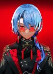  1girl absurdres aya02ka black_coat blue_hair closed_mouth coat commentary dragon_print earrings gradient_background hair_over_shoulder highres hololive hoshimachi_suisei hoshimachi_suisei_(8th_costume) jewelry lapels light_blue_hair long_hair looking_at_viewer looking_over_eyewear mandarin_collar neck_tassel notched_lapels official_alternate_costume official_alternate_eye_color official_alternate_hairstyle pince-nez red-tinted_eyewear red_background red_eyes round_eyewear simple_background solo swept_bangs tassel tassel_earrings tinted_eyewear tsurime two-sided_coat two-sided_fabric upper_body virtual_youtuber 