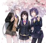  3girls absurdres black_hair black_jacket black_pantyhose blue_jacket blurry cherry_blossoms commentary_request cowboy_shot depth_of_field falling_petals grey_hair hair_ribbon highres higuchi_kaede jacket jk_gumi_(nijisanji) long_hair long_sleeves looking_at_viewer multiple_girls neck_ribbon necktie nijisanji one_eye_closed open_clothes open_jacket open_mouth pantyhose petals pink_ribbon plaid plaid_skirt pleated_skirt ponytail purple_eyes purple_hair purple_necktie purple_ribbon re_nantoka3 ribbon school_uniform shizuka_rin short_hair skirt smile standing thighhighs tsukino_mito v very_long_hair virtual_youtuber white_ribbon white_thighhighs yellow_eyes 