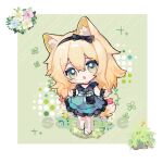  1girl :o animal_ear_fluff animal_ears arknights black_bow black_hairband blonde_hair blush border bow commentary dog_ears dog_girl dog_tail dress frilled_dress frills green_background green_dress green_eyes hair_bow hairband head_tilt highres looking_at_viewer nitrogen_owo official_alternate_costume podenco_(arknights) podenco_(wake_up_from_a_nap)_(arknights) sample_watermark short_hair simple_background solo symbol-only_commentary tail watermark white_footwear wrist_cuffs 