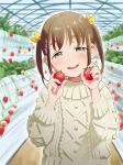  1girl :d absurdres aran_sweater blush bow brown_hair cable_knit fanged_bangs food fruit greenhouse grey_eyes hair_bow half-closed_eyes highres holding holding_food holding_fruit long_sleeves looking_at_viewer open_mouth original round_teeth smile solo strawberry strawberry_plant sweater teeth twintails upper_teeth_only white_sweater yellow_bow yowamidori 