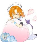  1girl ^_^ back_bow beret blue_flower blue_wrist_cuffs blush bow closed_eyes commentary_request dress feet_out_of_frame flower food fruit hair_between_eyes happy hashtag_only_commentary hat higurashi_no_naku_koro_ni hug hugging_object kneeling leaning_forward medium_hair open_mouth orange_hair peach puffy_short_sleeves puffy_sleeves purple_bow ryuuguu_rena short_sleeves simple_background smile solo suzuragi_karin white_background white_dress white_headwear wrist_cuffs 
