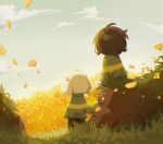  1boy 1other ahoge androgynous animal_ears asriel_dreemurr blue_sky body_fur brown_hair chara_(undertale) child chinese_commentary cloud commentary_request day facing_away falling_petals from_behind furry furry_male goat_boy goat_ears grass green_sweater highres long_sleeves outdoors petals scenery short_hair sitting sky standing suancai_pian_pian_yu sweater undertale white_fur 