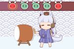  1girl animal_ears blue_shorts blush_stickers bow brown_footwear brown_headwear chibi closed_eyes drum ear_bow ear_covers ear_ribbon gold_ship_(umamusume) gomashio_(goma_feet) green_ribbon grey_hair hat holding horse_ears horse_girl horse_tail instrument long_hair mini_hat purple_bow ribbon sandals seigaiha short_sleeves shorts solo standing taiko_drum tail umamusume very_long_hair wide_sleeves zouri 