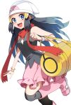  1girl bag black_hair black_socks black_vest blue_eyes boots dawn_(pokemon) foot_out_of_frame highres holding holding_bag long_hair looking_at_viewer open_mouth pink_footwear pink_skirt pokemon pokemon_dppt red_scarf scarf simple_background skirt smile socks solo upper_body vest white_background white_headwear yuihico 