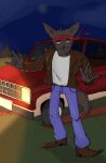 blue_bottomwear blue_clothing blue_jeans blue_pants bottomwear canid canine canis clothing denim denim_bottomwear denim_clothing hi_res jackal jeans male mammal outside pants truck varanoidea_(artist)