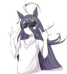  1girl \m/ ahoge animal_ears black_hair closed_mouth double_\m/ earrings enomori_neko glasses hair_between_eyes hands_up horse_ears jewelry long_hair manhattan_cafe_(umamusume) multicolored_hair opaque_glasses shirt short_sleeves simple_background single_earring solo streaked_hair sunglasses umamusume upper_body white_background white_shirt 