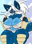 anthro bandage bandaged_chest big_breasts blue_body breasts female generation_5_pokemon hair hi_res huge_breasts lewdchuu_(artist) navel nintendo pokemon pokemon_(species) red_eyes samurott solo teeth thick_thighs tongue white_hair