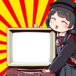  1girl ^_^ aged_down backpack bag black_headwear black_jacket blazer blush bow bowtie child closed_eyes cowboy_shot crt facing_viewer hair_over_shoulder hand_on_table hand_up hat head_tilt jacket long_sleeves low_twintails nijisanji red_background red_bag red_bow red_bowtie sandaru_(sandalion1) solo standing sunburst sunburst_background template tsukino_mito tsukino_mito_(11th_costume) twintails two-tone_background virtual_youtuber yellow_background 