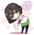  1girl ? absurdres bare_arms bare_shoulders black_hair black_thighhighs blush breasts chibi closed_mouth collared_shirt colored_shadow commentary_request dress dress_shirt floral_background full_body green_eyes green_skirt hair_between_eyes highres kyoumachi_seika large_breasts leaning_to_the_side looking_at_viewer medium_breasts milkpanda necktie no_shoes red_necktie shadow shirt short_eyebrows simple_background skirt sleeveless sleeveless_dress smile solo spoken_question_mark standing thick_eyebrows thighhighs voiceroid white_background white_shirt 