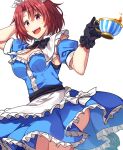  1girl alternate_costume apron armpits ass blue_dress breasts cleavage cow_girl_(goblin_slayer!) cup dress frills gloves goblin_slayer goblin_slayer! highres kankitukou large_breasts looking_at_viewer maid maid_apron maid_headdress purple_eyes red_hair smile tea teacup thighs 