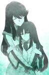  2girls absurdres ascot closed_eyes closed_mouth commentary_request hands_on_another&#039;s_arms highres hug hug_from_behind jackets long_hair long_sleeves minashiro_orihime monochrome multiple_girls smile soukyuu_no_fafner tatekami_seri upper_body yuri_kyanon 