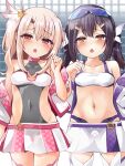  2girls black_hair blush breasts brown_eyes covered_navel fate/kaleid_liner_prisma_illya fate_(series) feather_hair_ornament feathers hair_ornament hairclip highres illyasviel_von_einzbern long_hair long_sleeves looking_at_viewer miyu_edelfelt mochi_(k620803n) multiple_girls navel one_side_up open_mouth race_queen red_eyes sidelocks small_breasts twintails white_hair 