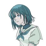  1girl ado_(utaite) akuru-chan_(ado) bandaid bandaid_on_face blue_eyes blue_hair blue_neckerchief breasts cloud_nine_inc commentary eien_no_akuru_hi hashtag_only_commentary koyuki_(momigara50856) neckerchief parted_lips sailor_collar shirt short_hair simple_background small_breasts solo upper_body white_background white_sailor_collar white_shirt 