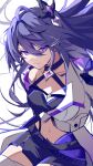  1girl absurdres acheron_(honkai:_star_rail) black_choker black_gloves black_shorts breasts choker cleavage gloves hair_over_one_eye highres honkai:_star_rail honkai_(series) long_hair looking_at_viewer midriff navel purple_eyes purple_hair short_shorts shorts single_bare_shoulder sketch solo sparks_summer stomach very_long_hair 