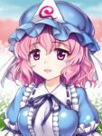  1girl blue_headwear blue_kimono blurry blurry_background breasts commentary_request hat japanese_clothes kimono looking_at_viewer mob_cap open_mouth pink_eyes pink_hair s1a1nokoka saigyouji_yuyuko short_hair solo touhou triangular_headpiece upper_body 