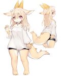  1girl animal_ears arm_at_side barefoot black_shorts blonde_hair brown_collar collar collarbone colored_skin cowboy_shot cropped_legs dragon_girl dragon_horns dragon_tail erumeruta fingernails full_body furry furry_female hand_up highres horns long_sleeves looking_at_viewer looking_back medium_hair multiple_views off-shoulder_shirt off_shoulder original pendant_collar red_eyes sharp_fingernails shirt short_shorts shorts simple_background slit_pupils spikes standing tail tail_through_clothes thighs white_background white_shirt yellow_horns yellow_nails yellow_skin 
