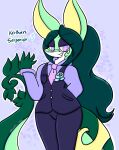 5_fingers anthro bottomwear clothed clothing eyewear fingers flower generation_5_pokemon glasses green_body green_hair hair hi_res lewdchuu_(artist) male nintendo pants plant pokemon pokemon_(species) purple_eyes serperior shirt smile solo suit tail topwear