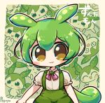  1girl :3 artist_name blush chibi clone closed_mouth expressions green_hair green_shorts green_theme long_hair looking_at_viewer neck_ribbon outline outside_border pepoyo ribbon shirt short_sleeves shorts signature smile solo suspender_shorts suspenders upper_body voiceroid voicevox white_outline white_shirt yellow_eyes zundamon 