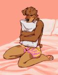 anthro bed blush boxers_(clothing) boxers_only brown_body brown_fur canid canine canis clothed clothing comforting domestic_dog fur furniture hi_res koyotesol looking_at_viewer male mammal on_bed pawpads pillow pillow_hug pink_pawpads slim_anthro slim_male solo topless underwear underwear_only