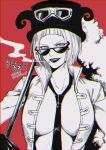  1girl 2019 belo_betty blunt_bangs bob_cut breasts character_name collared_jacket commentary_request dated goggles goggles_on_headwear greyscale_with_colored_background hat hat_feather jacket large_breasts lipstick looking_at_viewer makeup nakumonaga_uma one_piece open_clothes open_jacket red_background short_hair smile smoke solo sunglasses twitter_username upper_body 