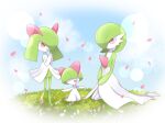  blue_sky colored_skin dress falling_petals gardevoir grass green_hair h_k225 hair_over_eyes hair_over_one_eye kirlia kneeling multicolored_skin open_mouth petals pink_eyes pokemon pokemon_(creature) ralts sky smile two-tone_skin white_dress white_skin 