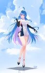 1girl :d absurdres azur_lane bare_legs bare_shoulders black_gloves black_headwear blue_hair blush breasts buttons clothing_cutout covered_navel curly_hair double-breasted dress elbow_gloves full_body gloves hair_between_eyes hand_up happy helena_(retrofit)_(azur_lane) highres hip_focus large_breasts leg_up legs long_hair looking_at_viewer medium_breasts multicolored_hair purple_eyes purple_hair reflection sideless_dress skin_tight sky sleeveless sleeveless_dress smile solo tckd thighs two-tone_hair underboob_cutout very_long_hair 