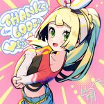  1girl :d blonde_hair bow_hairband chromatic_aberration cosplay eyelashes green_eyes hairband highres irida_(pokemon) irida_(pokemon)_(cosplay) irida_(special_costume)_(pokemon) kinocopro lillie_(pokemon) long_hair long_sleeves looking_at_viewer milestone_celebration open_mouth pink_background pokemon pokemon_masters_ex pokemon_sm ponytail shirt shorts sleeves_past_wrists smile solo thank_you tongue white_hairband 