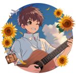  1boy ;d aircraft airplane arisa_(aren) border brown_hair cloud collared_shirt flower grin guitar highres holding holding_guitar holding_instrument instrument leaf looking_ahead male_focus one_eye_closed orange_eyes original round_image shirt short_hair short_sleeves signature smile solo suitcase sunflower sunglasses upper_body white_border white_shirt yellow_flower 