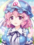  1girl blue_headwear blue_kimono blurry blurry_background breasts commentary_request hat japanese_clothes kimono looking_at_viewer mob_cap open_mouth pink_eyes pink_hair s1a1nokoka saigyouji_yuyuko short_hair solo sparkle touhou triangular_headpiece upper_body 