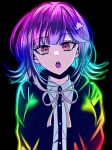  1girl :o black-shirt black_background black_jacket blue_hair collared_shirt danganronpa_(series) danganronpa_2:_goodbye_despair dress_shirt green_hair green_jacket highres jacket medium_hair nanami_chiaki neck_ribbon open_clothes open_jacket pink_eyes pink_hair pink_ribbon ribbon satori_(aosky9077) shirt solo spaceship_hair_ornament upper_body upper_teteh white_shirt 