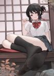  1girl absurdres architecture arm_at_side black_hair black_skirt black_socks blush bow brown_eyes collared_shirt commentary convenient_leg dress_shirt east_asian_architecture feet folded_ponytail foot_focus foreshortening full_body grin hair_between_eyes hair_ribbon hand_up highres kimi_no_na_wa. kneehighs looking_at_viewer medium_hair miniskirt miyamizu_mitsuha nagata_gata naughty_face no_shoes outdoors pleated_skirt red_bow red_ribbon ribbon school_uniform shirt short_sleeves sitting skirt smile socks soles solo toes tsurime white_shirt yokozuwari 