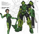  1boy absurdres apoloniodraws arm_cannon axe bionicle black_gloves black_hair bodysuit character_name english_text facial_hair full_body gloves glowing glowing_eye green_bodysuit green_eyes green_gloves hair_behind_ear highres lewa_(bionicle) male_focus mecha mechanization open_hands pilot_suit robot science_fiction simple_background smirk standing stubble the_lego_group two-tone_gloves weapon white_background 