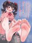  1girl barefoot black_hair blush fang feet foot_focus hand_on_own_face hand_on_own_knee open_mouth original panpa red_eyes simple_background skin_fang soles solo sweat toes translation_request twintails 