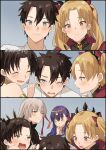  1boy 4girls black_bow black_hair blonde_hair blue_background blue_eyes blush bow chaldea_uniform circlet closed_eyes closed_mouth commentary_request durga_(fate) earrings ereshkigal_(fate) fate/grand_order fate_(series) fujimaru_ritsuka_(male) hair_between_eyes hair_bow hair_ribbon haniwa_yyi highres hoop_earrings ishtar_(fate) jewelry long_hair looking_at_another looking_at_viewer lower_teeth_only matou_sakura multiple_girls one_eye_closed open_mouth parted_bangs parvati_(fate) pink_ribbon profile purple_hair red_bow red_eyes red_ribbon ribbon siblings simple_background sisters smile sweatdrop teeth tiara twitter_username two_side_up white_hair 