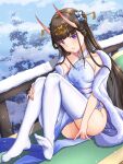  1girl :d are_you_333 ass azur_lane bare_shoulders black_hair blush breasts brown_hair china_dress chinese_clothes coat commentary_request day dress from_side full_body fur-trimmed_coat fur_trim grin hair_ornament hand_on_own_knee highres knees_together_feet_apart knees_up long_hair looking_at_viewer no_panties noshiro_(azur_lane) oni outdoors parted_lips purple_eyes small_breasts smile snowflake_print snowflakes snowing solo thighhighs upskirt very_long_hair 