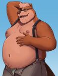 5_fingers anthro bear belly big_belly blush bottomwear brown_body brown_fur clothed clothing eyewear fingers fur glasses hand_on_belly hi_res looking_at_viewer male mammal moobs navel nipples one_eye_closed open_bottomwear open_clothing open_mouth open_pants open_smile pants raised_arm shirtless shirtless_male smile solo suspenders tan_body tan_fur underwear ursine zcdartz