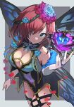  1girl artist_name bare_shoulders black_dress blue_eyes breasts cleavage closed_mouth covered_navel detached_sleeves dress eyes_visible_through_hair facial_mark fairy fairy_wings fire_emblem fire_emblem_heroes flower hair_flower hair_ornament hair_over_one_eye hair_vines highres hirotaka_(hrtk990203) looking_at_viewer official_alternate_costume red_hair short_dress short_hair solo thorns triandra_(fire_emblem) triandra_(reverent_dream)_(fire_emblem) wings 