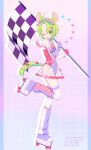  1girl ashton_marten_(vtuber) bow checkered_flag cheese_print cherry_print chinchilla_(animal) chinchilla_ears chinchilla_girl chinchilla_tail commentary commission elbow_gloves english_commentary flag food_print gloves green_eyes grid_background hair_ornament hairclip indie_virtual_youtuber leg_warmers multicolored_leotard one_eye_closed open_mouth race_queen roller_skates see-through see-through_skirt short_hair skates skeb_commission skirt tail tail_bow tail_ornament thighhighs uxu_uxa_axa virtual_youtuber visor_cap white_thighhighs 
