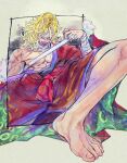  1boy bandaged_arm bandaged_head bandages bare_pectorals blonde_hair crying crying_with_eyes_open eg_(eastg111) foot_out_of_frame forced_perspective high_ponytail highres japanese_clothes killer_(one_piece) kimono long_hair male_focus muscular muscular_male one_piece pectorals purple_lips red_kimono sharp_teeth simple_background smile solo streaming_tears tears teeth wide_ponytail 