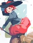  1girl bird black_pantyhose boots broom broom_riding danganronpa_(series) danganronpa_v3:_killing_harmony facing_away happy hat if_(toutoi0621) looking_at_viewer open_mouth pantyhose red_eyes red_hair red_skirt short_hair skirt solo twitter_username upper_body witch_hat yumeno_himiko 