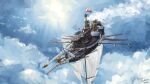  3boys absurdres aircraft airship artist_name battleship bird cannon cloud cloudy_sky crow&#039;s_nest dated flag flying highres military_vehicle multiple_boys original periscope rokubotei_ayagiri sail ship sky warship watercraft 