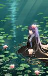  1girl absurdres black_thighhighs closed_eyes closed_mouth commentary cross-laced_clothes flower flower_on_head full_body gradient_hair highres hijiri_byakuren light_rays lily_pad long_hair multicolored_hair ourie outdoors purple_hair solo thighhighs touhou very_long_hair water_lily_flower 