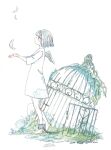  1girl barefoot birdcage cage chain chained closed_mouth colored_skin dress falling_feathers feathered_wings feathers flower full_body grass grey_shirt highres original painting_(medium) profile shirt short_hair solo standing traditional_media umi_cryblue watercolor_(medium) white_dress white_flower white_skin white_wings wings 