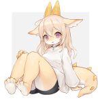  1girl animal_ears arm_support barefoot black_collar black_shorts blonde_hair border collar colored_skin crossed_bangs dragon_girl dragon_horns dragon_tail erumeruta fang feet fingernails from_side full_body furry furry_female grey_background hand_on_own_knee highres horns knees_up long_sleeves looking_at_viewer medium_hair off-shoulder_shirt off_shoulder open_mouth original outside_border pendant_collar red_eyes sharp_fingernails shirt shorts simple_background sitting slit_pupils smile solo spikes tail white_border white_shirt yellow_horns yellow_nails yellow_skin 