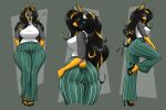 anthro arkaniarcanine bell_bottoms big_breasts big_butt blush bodily_fluids breasts butt canid canine canis claws clothing dobermann domestic_dog eyes_closed eyewear feet female footwear glasses hair hi_res high_heeled_sandals high_heels long_hair looking_at_viewer looking_back looking_back_at_viewer mammal open_mouth pinscher sandals smile solo sweat sweatdrop thick_thighs toe_claws toes wide_hips