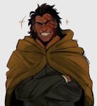  1boy bara beard_stubble big_nose black_hair brown_coat coat crossed_arms dark_skin dentdechieng facial_hair green_jacket highres jacket long_hair male_focus monkey_d._dragon one_piece scar scar_on_face sharp_teeth smile stubble teeth thick_eyebrows white_background 